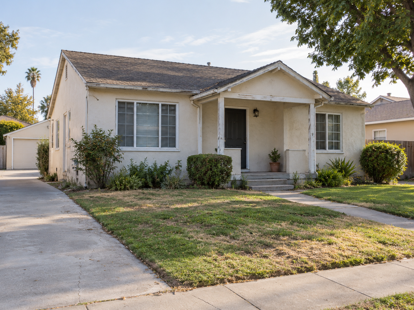 A modest single-story house with older windows, a small porch, and simple landscaping
